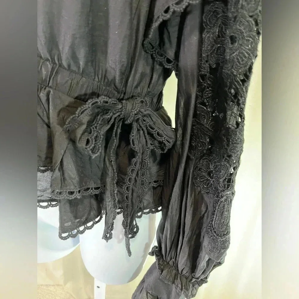 Farm Rio Black Lace Sleeve Ruffled Blouse (Size S) - Picture 4 of 13